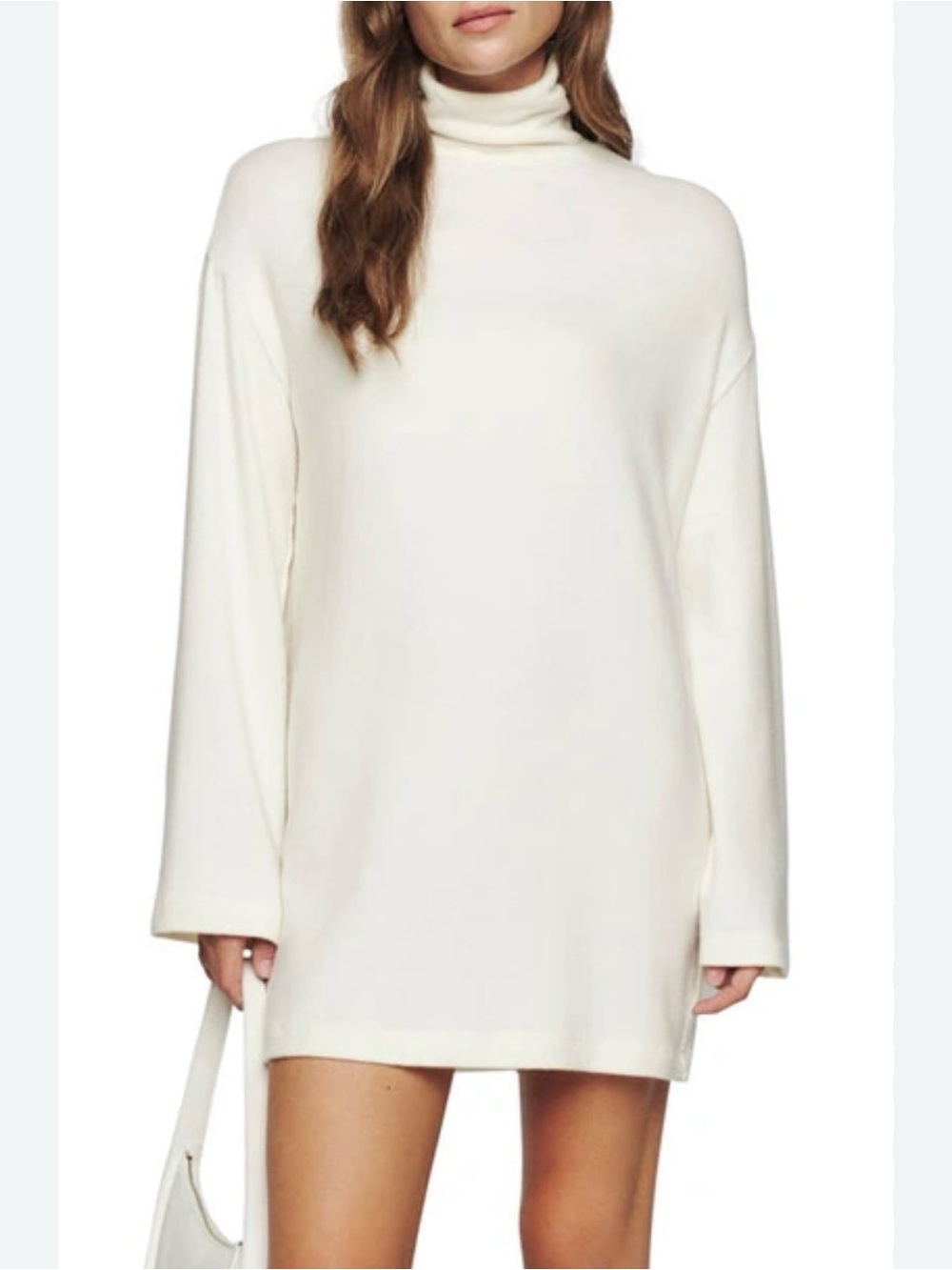 Reformation Tencel Blend Knit Turtleneck Long Sleeve Mini Dress, Cream, Size L
